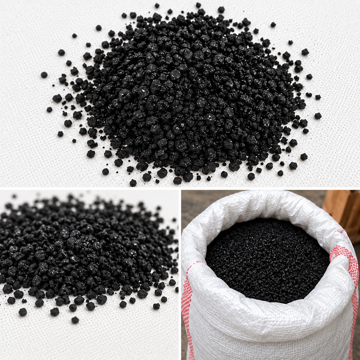 Caucho negro granulado en una muestra del producto